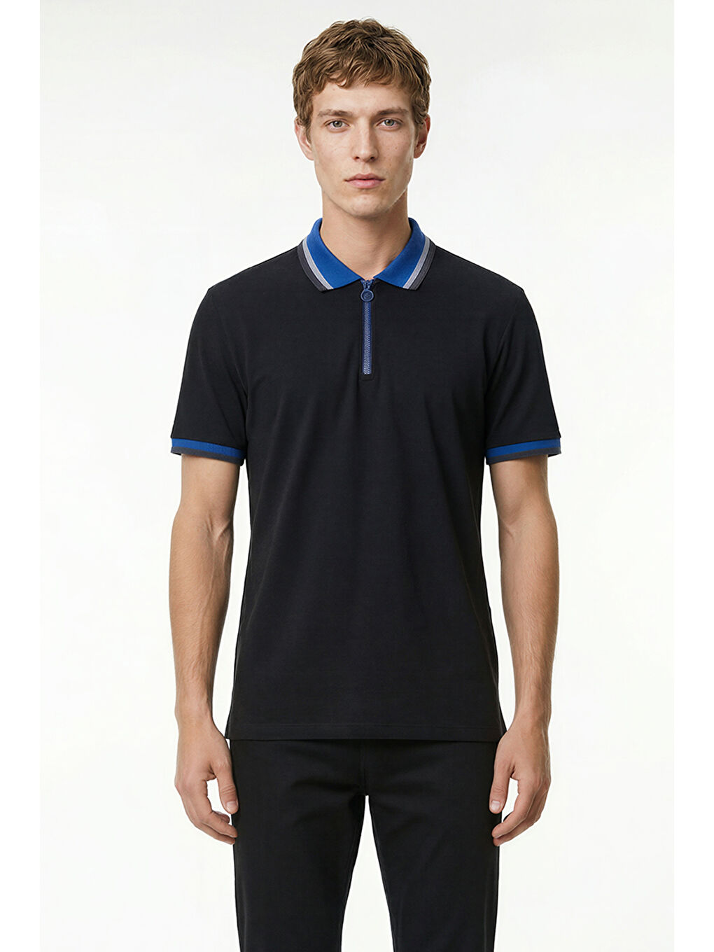 Erkek Siyah-Saks Regular Fit Geniş Kesim Polo Yaka %100 Pamuk Tişört