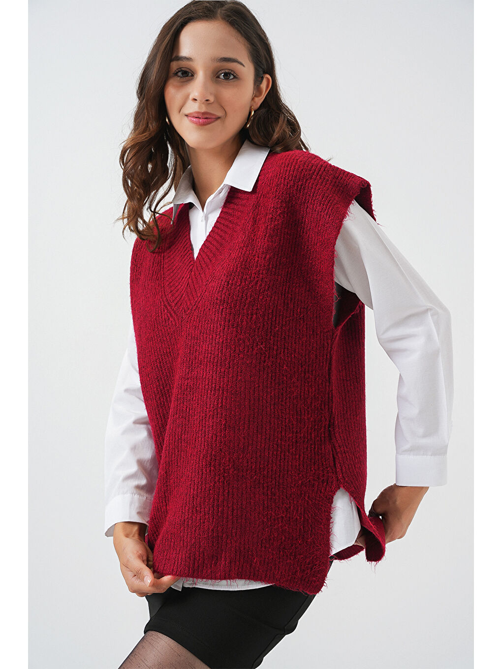 Kadın V Yaka Triko Süveter 15925 - Bordo-3