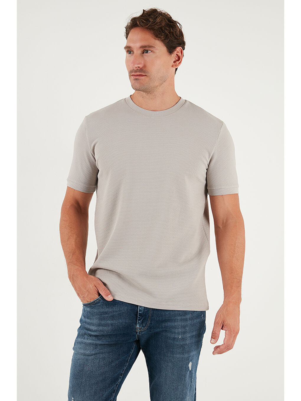 Bej Streç Pamuklu Slim Fit Sıfır Yaka Tişört 5902639-3