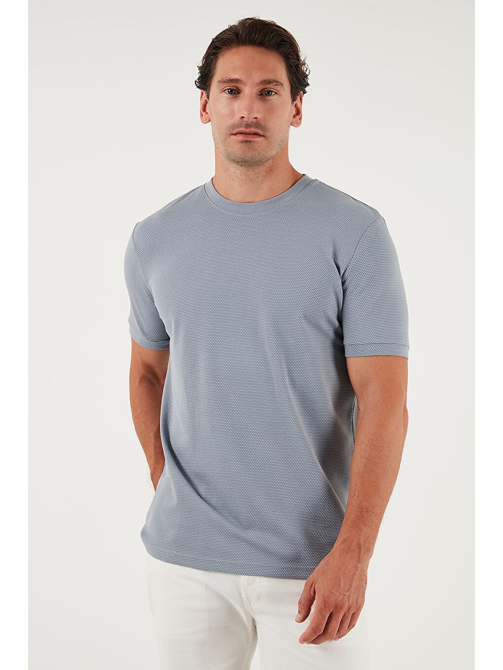 Gri Streç Pamuklu Slim Fit Sıfır Yaka Tişört 5902639-2