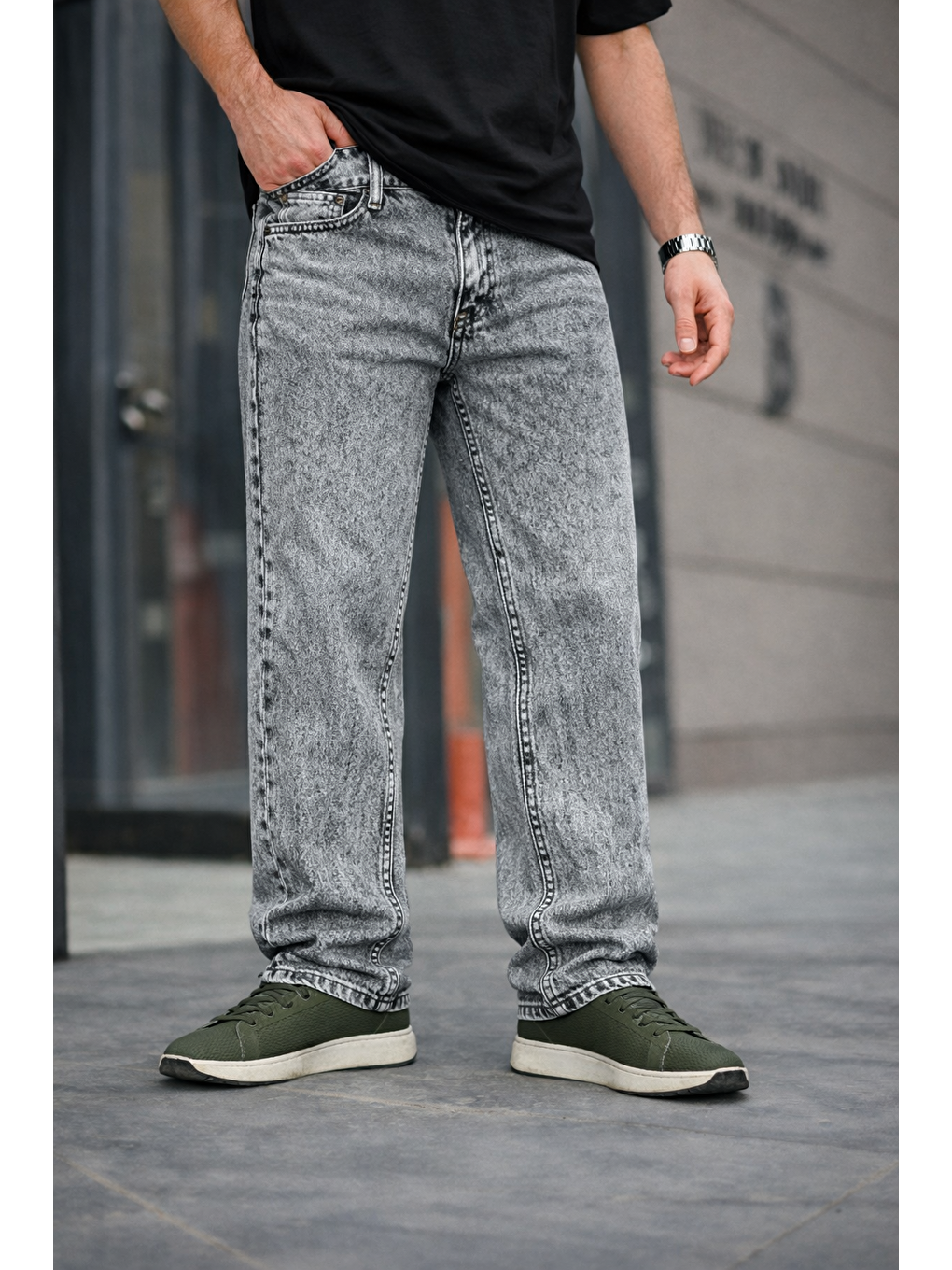 Beyaz Erkek Bol Paça Basic Yüksek Bel A.Gri Baggy Pantolon-1