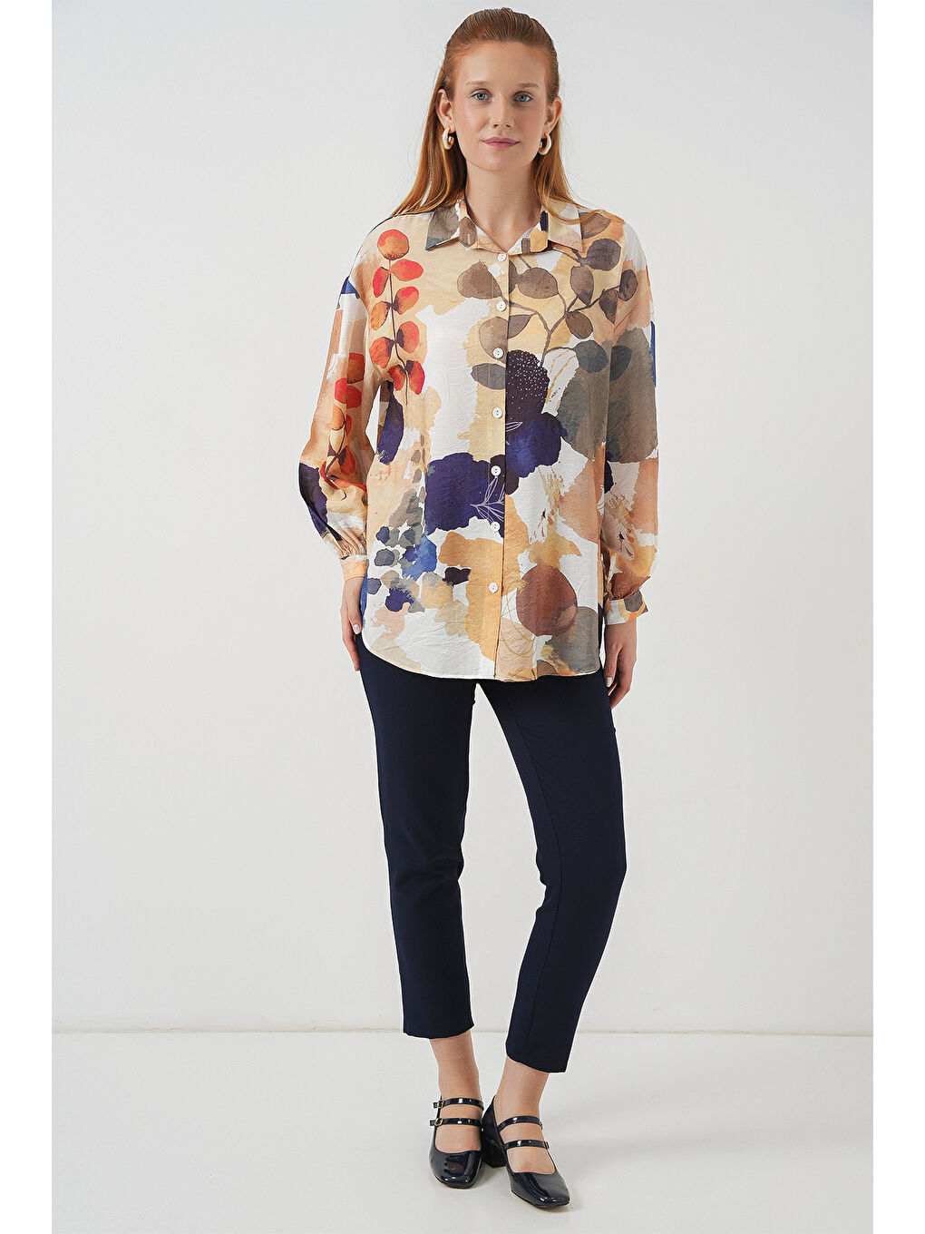 Kadın Desenli Overize Gömlek Tunik 5971 - Lacivert-1