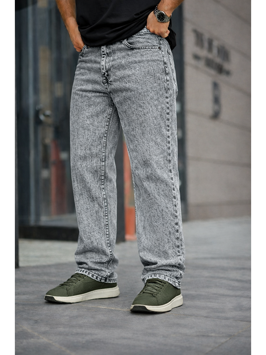 Beyaz Erkek Bol Paça Basic Yüksek Bel A.Gri Baggy Pantolon-3