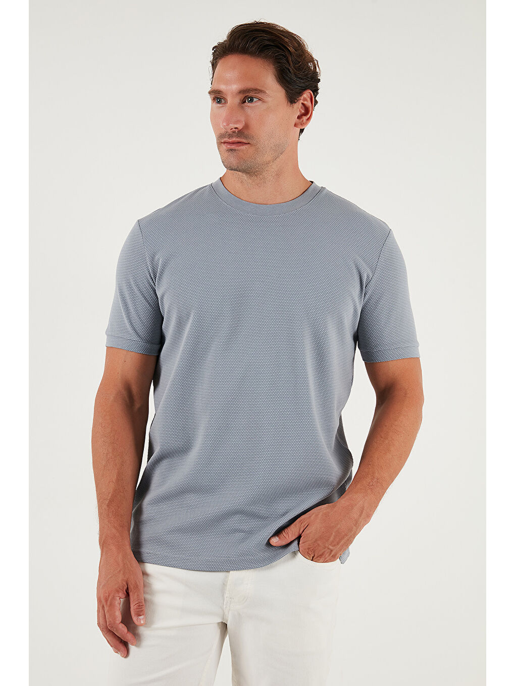 Gri Streç Pamuklu Slim Fit Sıfır Yaka Tişört 5902639-3