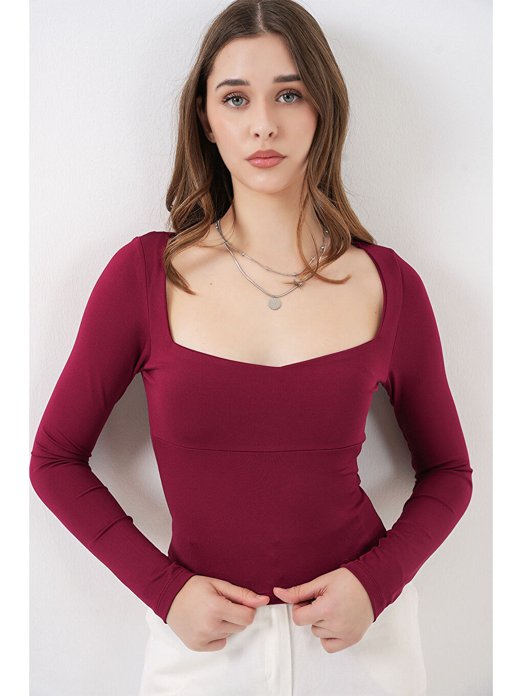 Kadın Kare Yaka Slim Fit Bluz 986 - Bordo