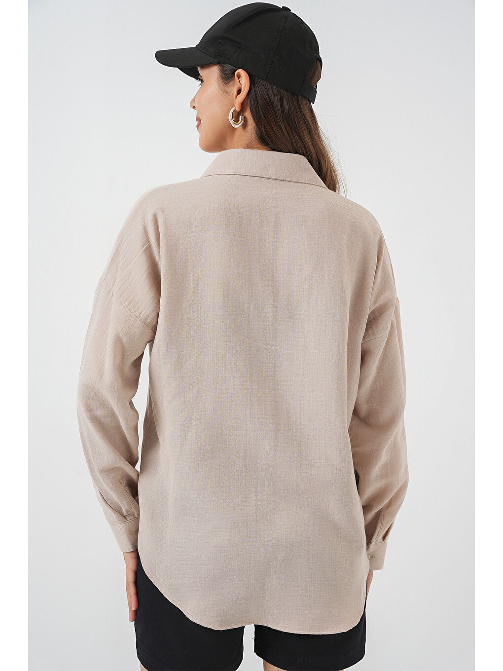 Bej Kadın Tek Cepli Oversize Müslin Gömlek 20353 - Taş-6