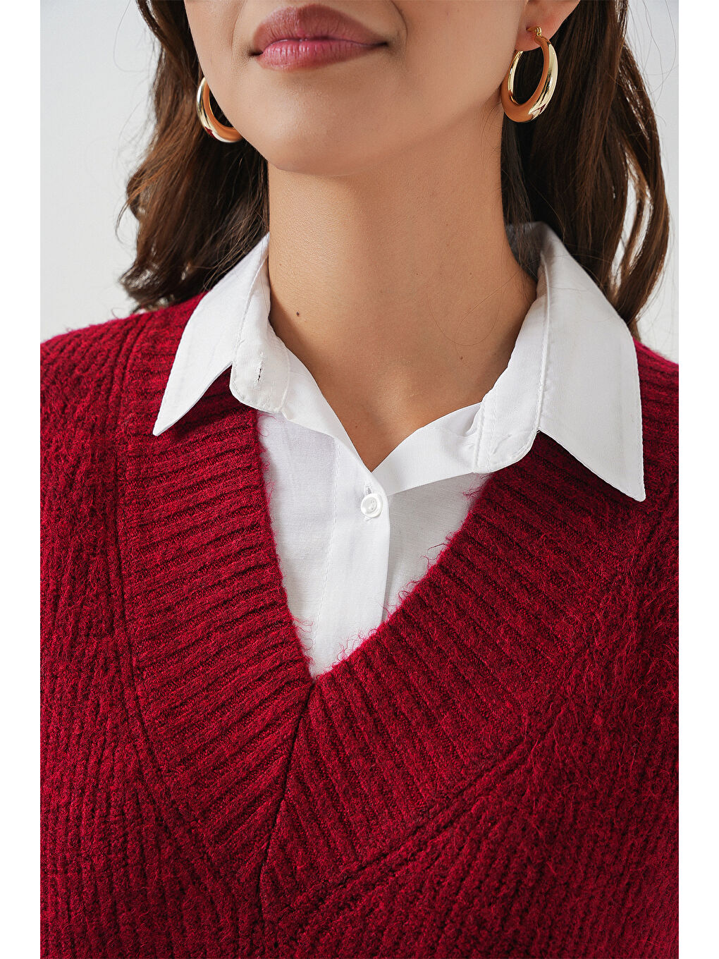 Kadın V Yaka Triko Süveter 15925 - Bordo-4