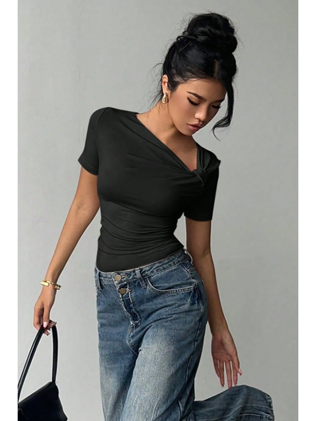 Kadın Siyah Çapraz Yaka Kısa Kollu Slim Fit Bluz-6