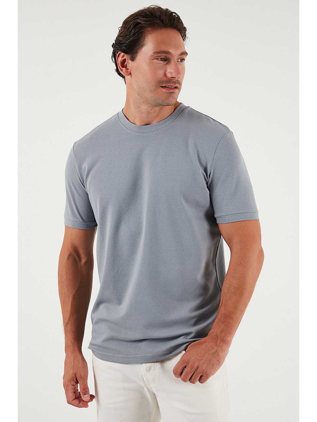Gri Streç Pamuklu Slim Fit Sıfır Yaka Tişört 5902639-4