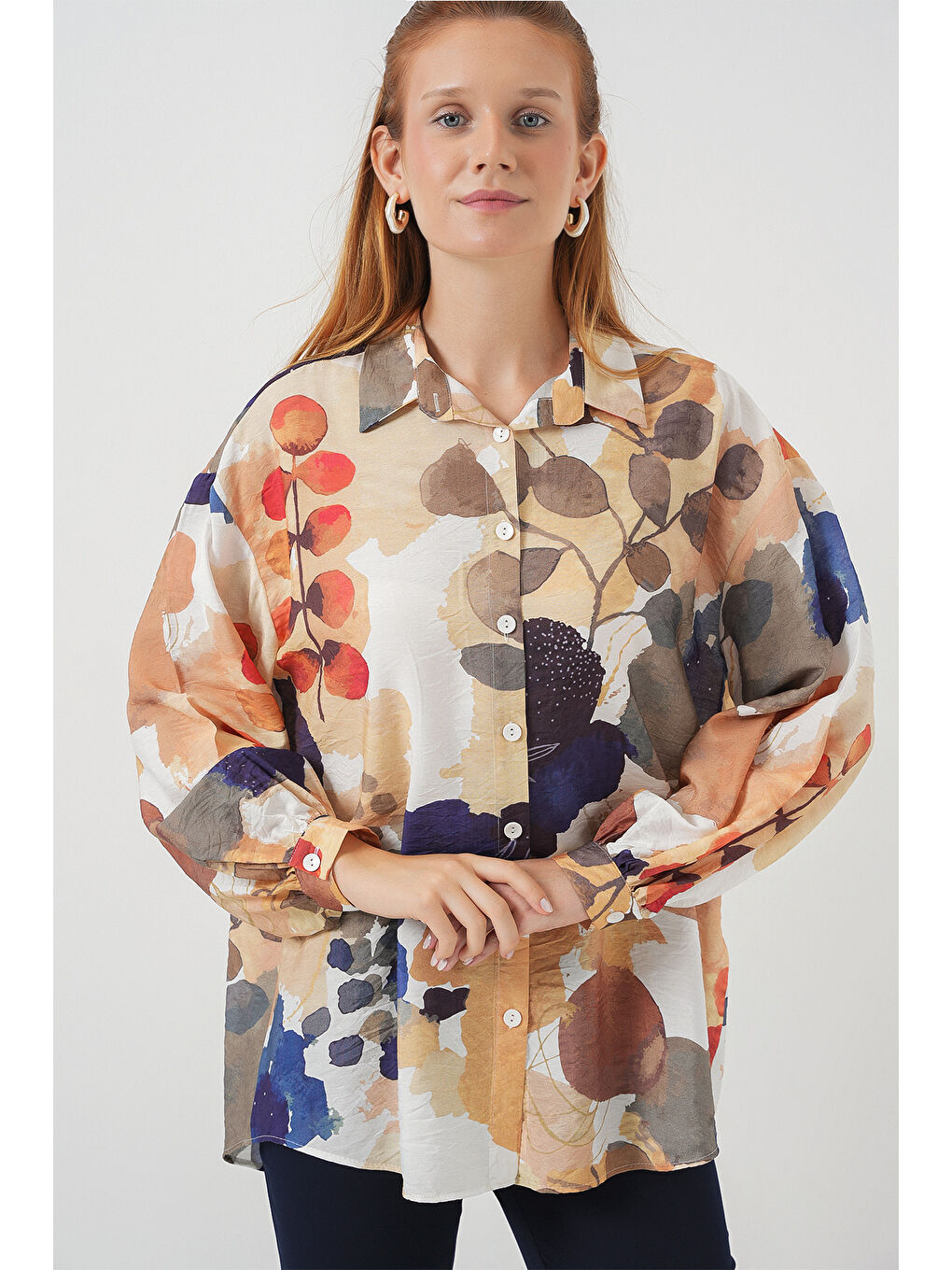 Kadın Desenli Overize Gömlek Tunik 5971 - Lacivert-2