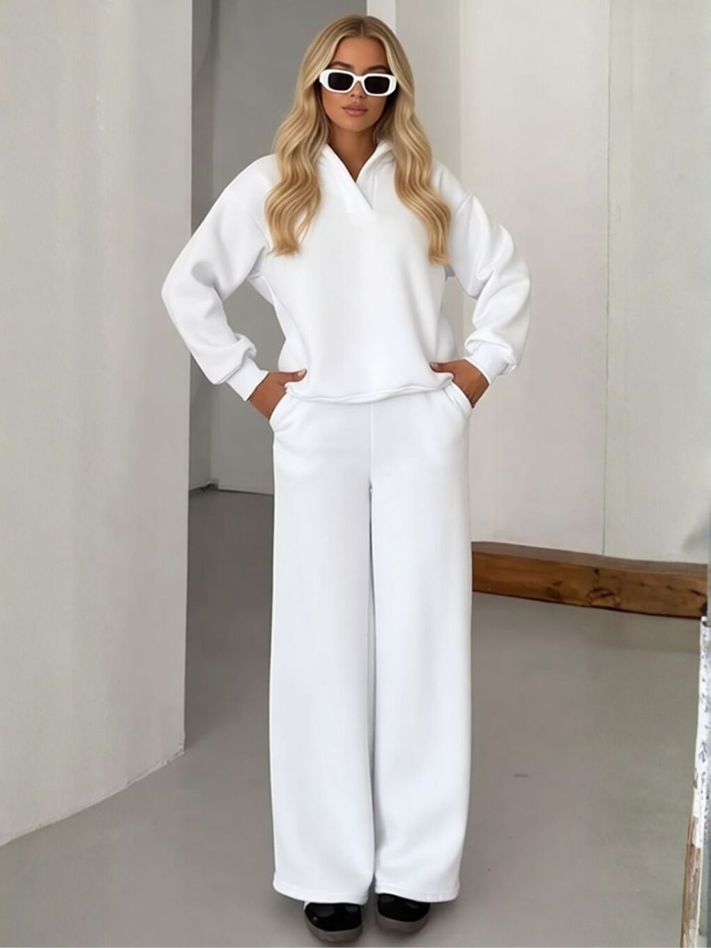 3 İplik Yüksek Pamuklu Kalın Kışlık Patlı Yaka Kapüşonlu Eşofman Takım Beyaz