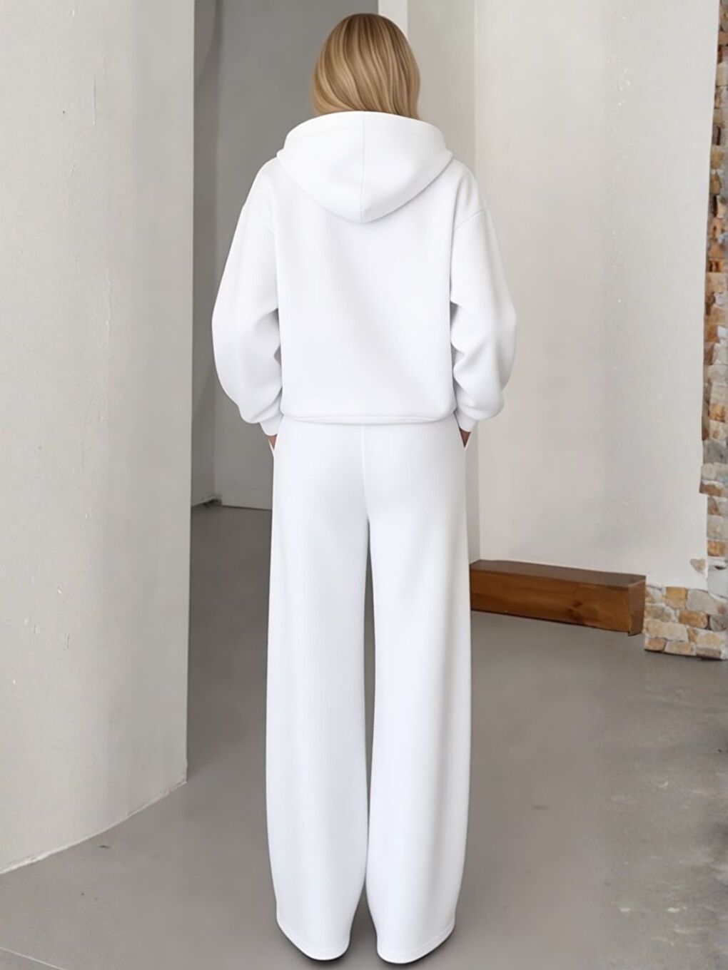 3 İplik Yüksek Pamuklu Kalın Kışlık Patlı Yaka Kapüşonlu Eşofman Takım Beyaz-1