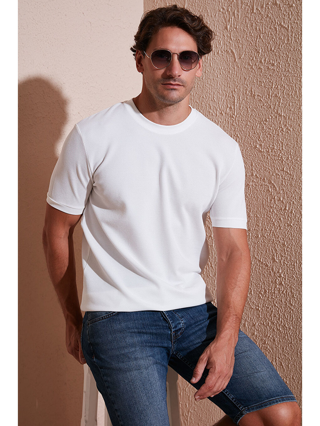 Ekru Streç Pamuklu Slim Fit Sıfır Yaka Tişört 5902639