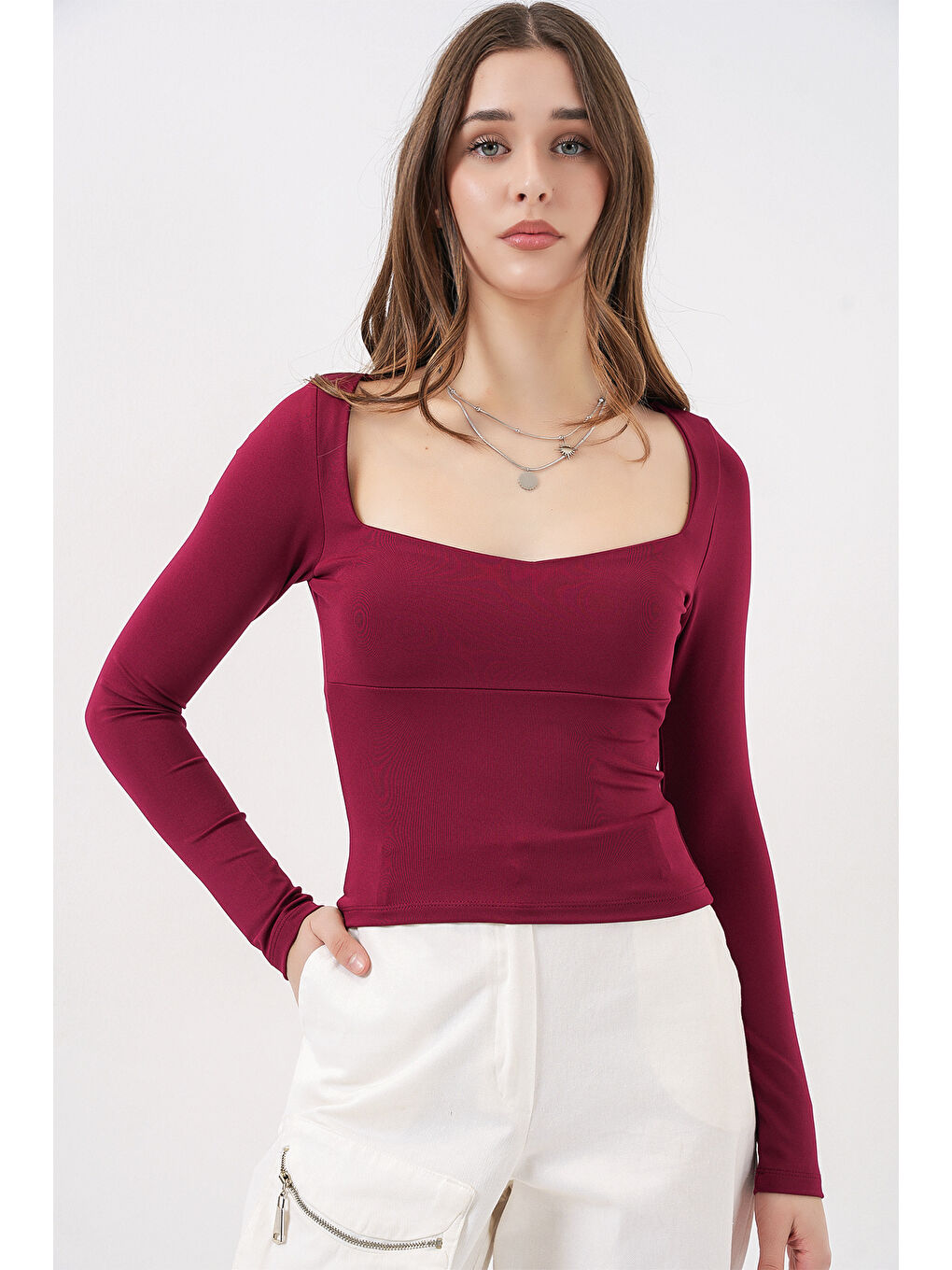 Kadın Kare Yaka Slim Fit Bluz 986 - Bordo-1