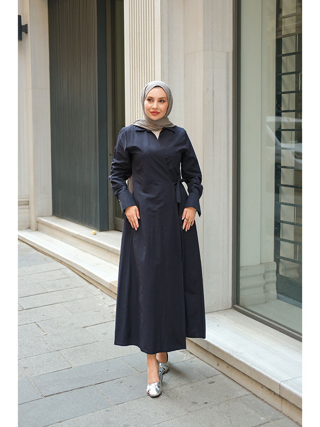 Kadın Poplin Yan Bağlamalı Elbise Koyu Lacivert