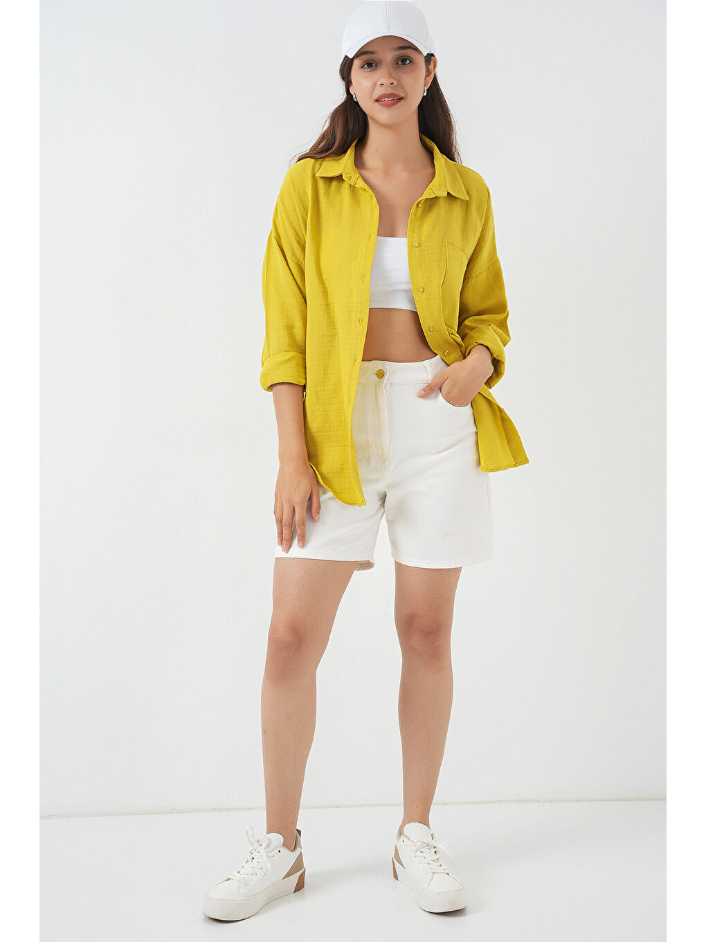 Sarı Kadın Tek Cepli Oversize Müslin Gömlek 20353 - Hardal-1