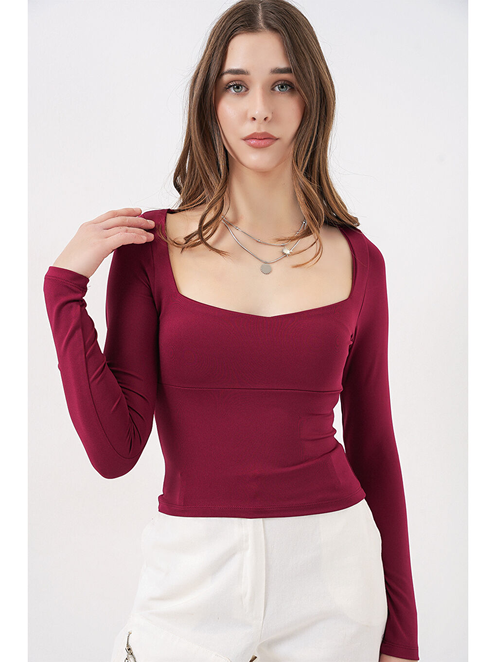 Kadın Kare Yaka Slim Fit Bluz 986 - Bordo-2