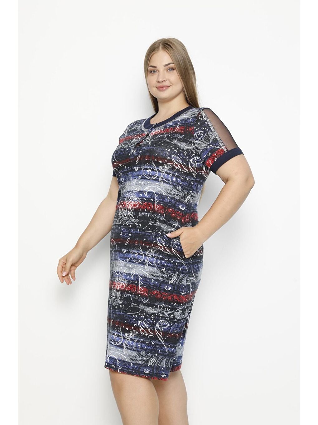 Karışık Desenli Düğmeli Tül Detaylı Cepli Modal Büyük Beden Elbise-1