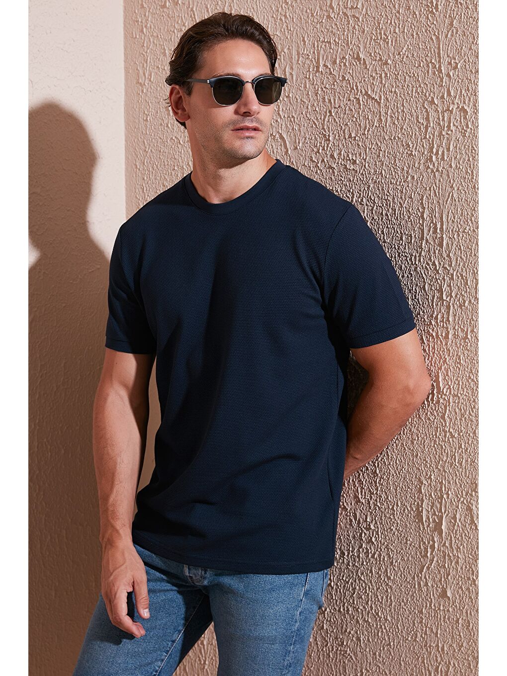 İndigo Streç Pamuklu Slim Fit Sıfır Yaka Tişört 5902639-2