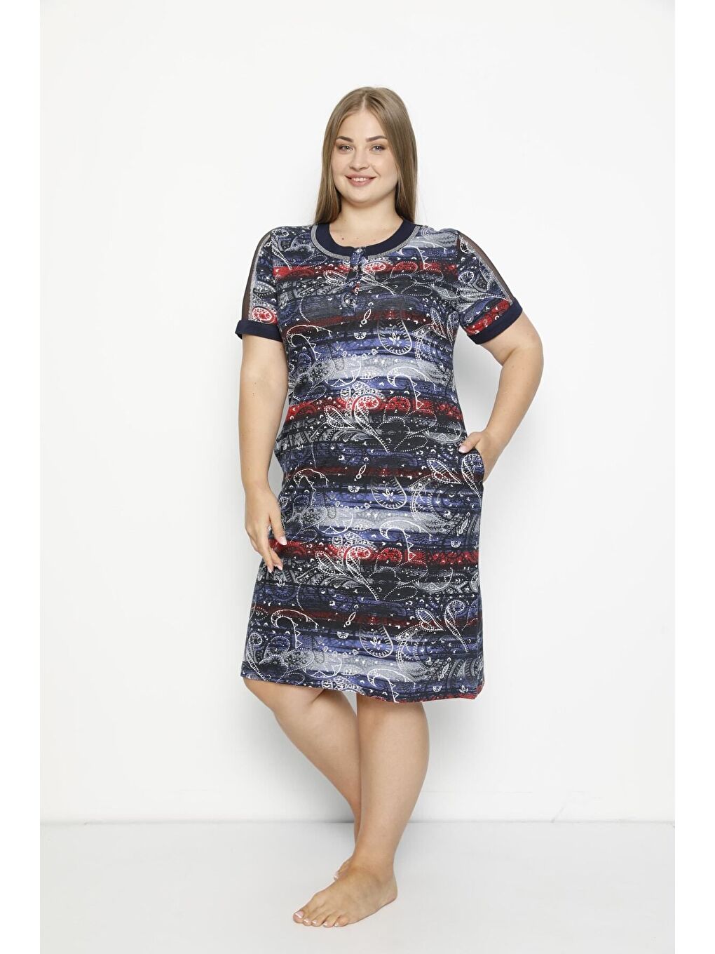 Karışık Desenli Düğmeli Tül Detaylı Cepli Modal Büyük Beden Elbise-2