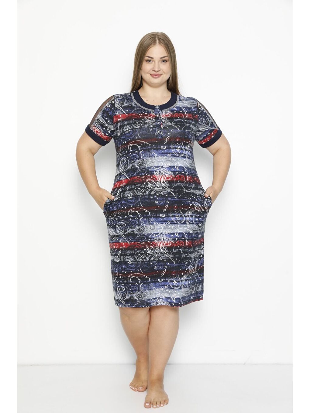 Karışık Desenli Düğmeli Tül Detaylı Cepli Modal Büyük Beden Elbise-3