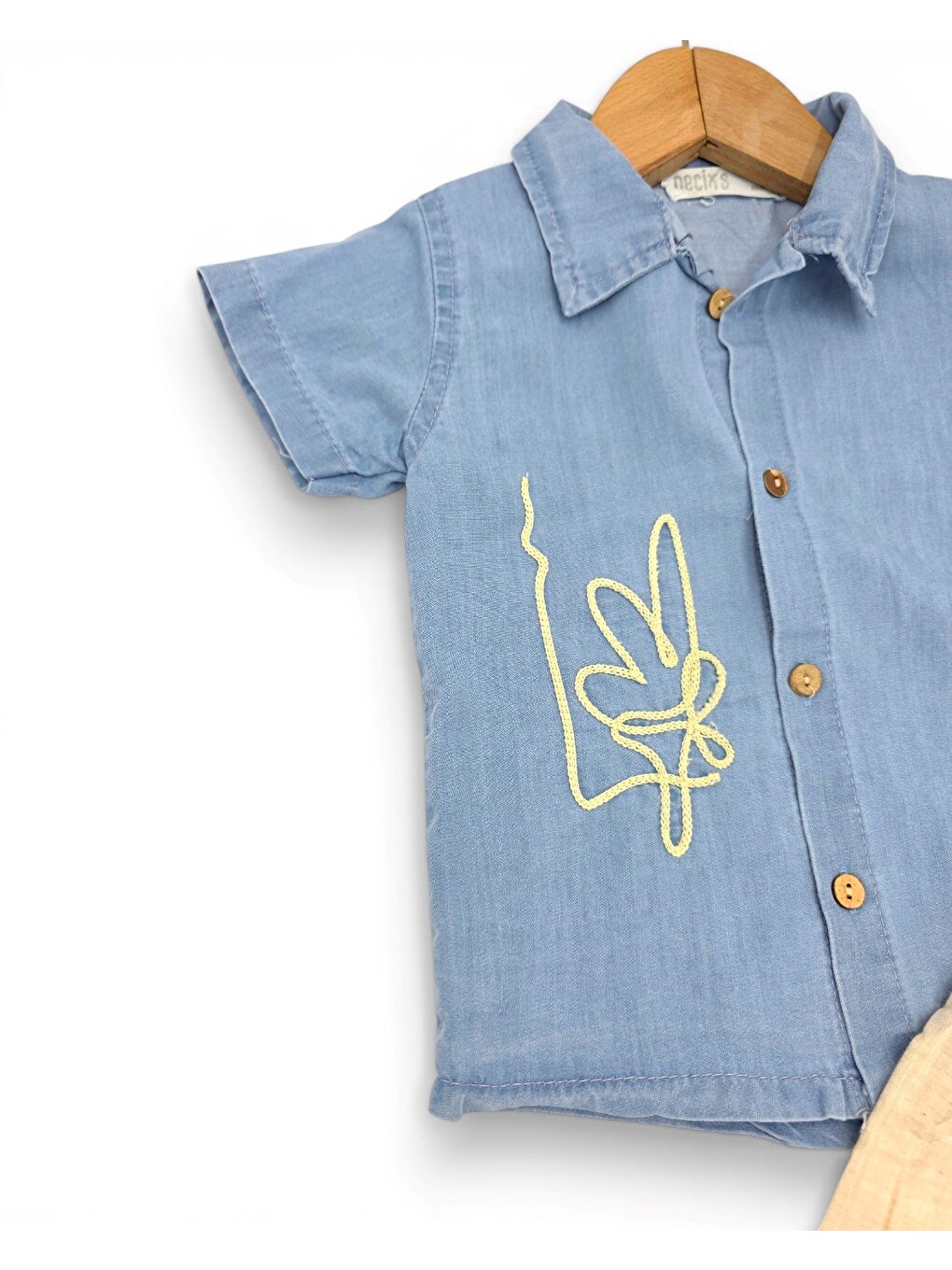 Bej Erkek Bebek Jean Gömlekli Müslin Şortlu Takım-4
