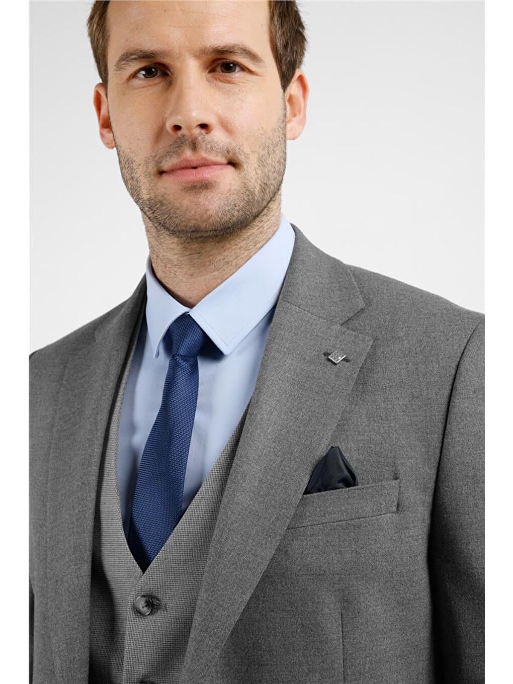 Gri Mono Yaka Kazayağı Desen Yelekli 6 Drop Slim Fit Takım Elbise 1001255175-1