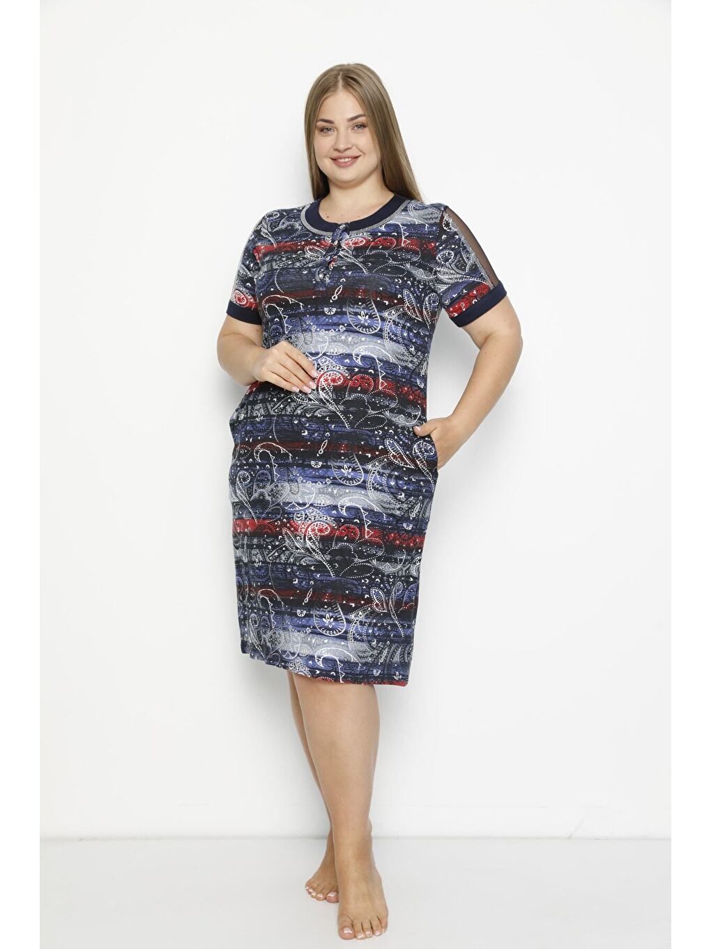 Karışık Desenli Düğmeli Tül Detaylı Cepli Modal Büyük Beden Elbise-4