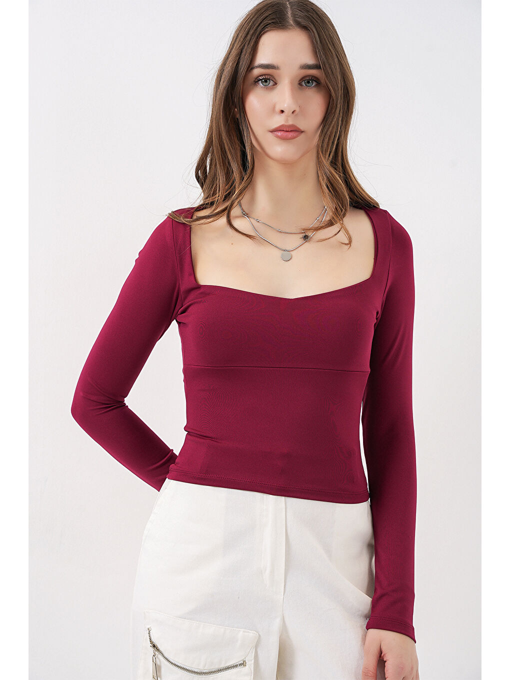 Kadın Kare Yaka Slim Fit Bluz 986 - Bordo-3