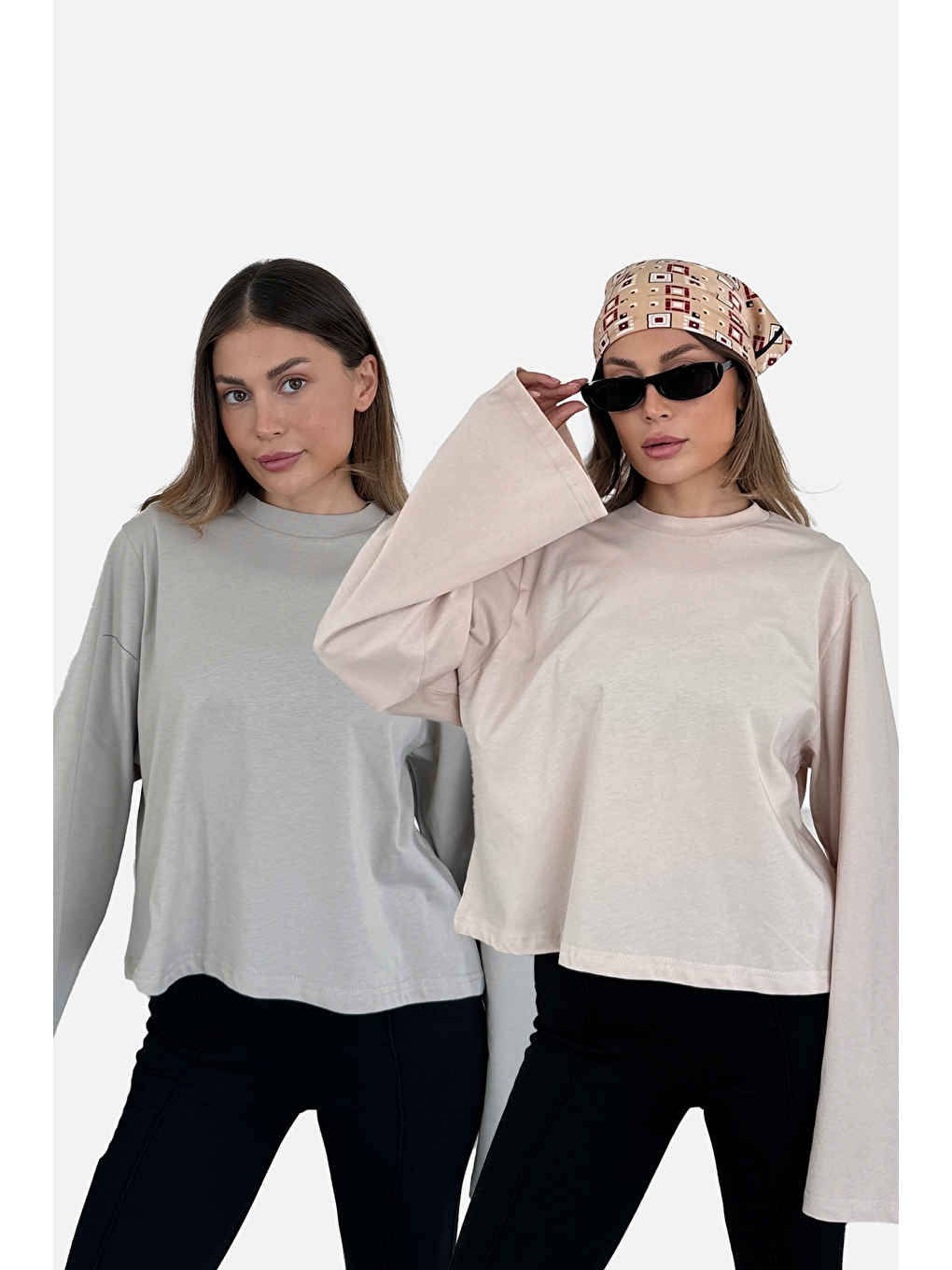 Geniş Kol Oversize 2'Li Paket T-Shirt 965 Gri/Bej