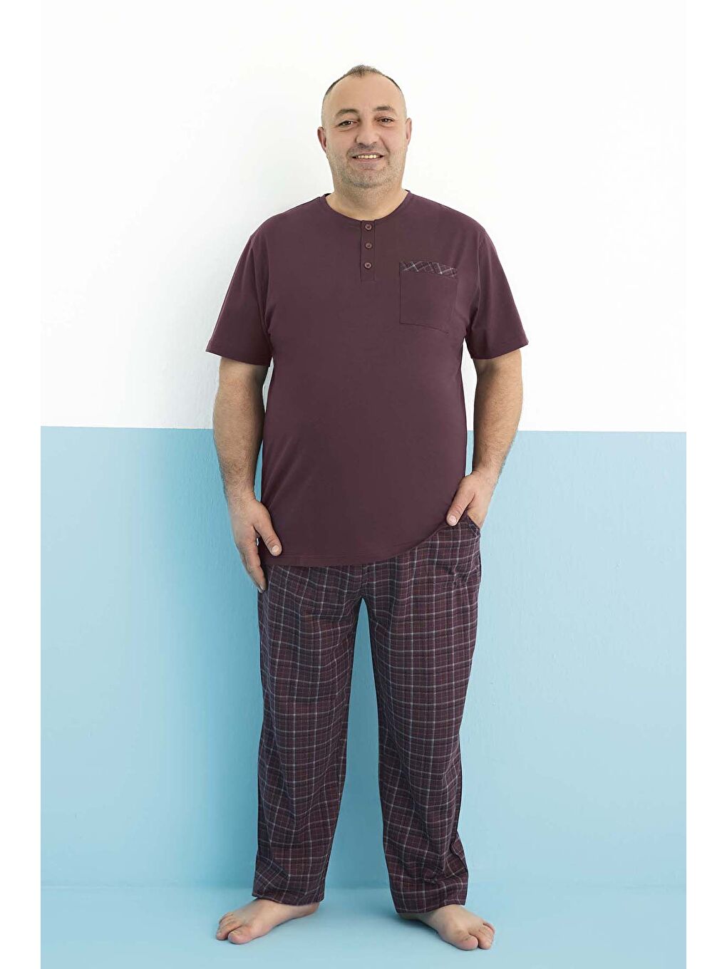 Büyük Beden Erkek Kısa Kol Süprem Pamuklu Pijama Takımı 250007 Bordo