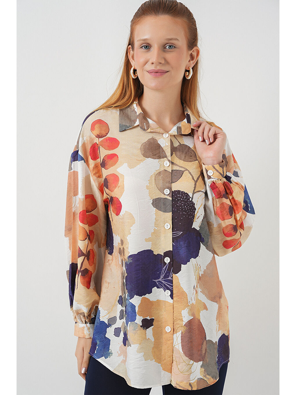 Kadın Desenli Overize Gömlek Tunik 5971 - Lacivert-3