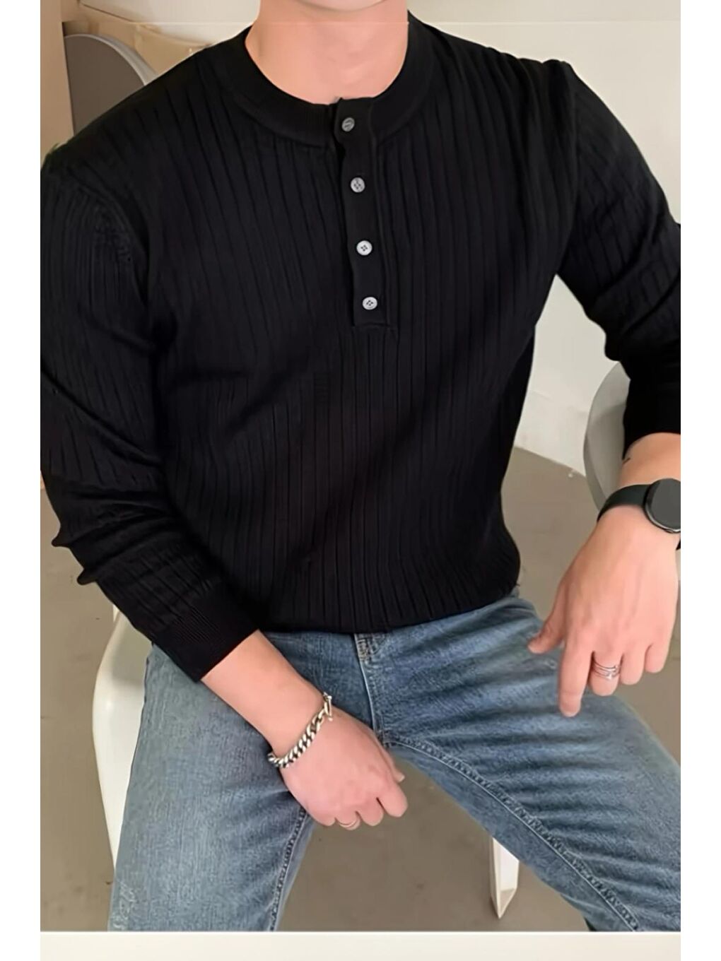 Siyah Memphis Slim Fit Düğmeli Henley Yaka Triko Kazak