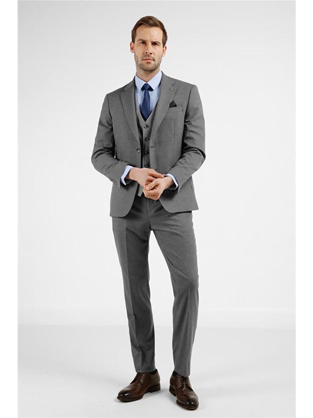 Gri Mono Yaka Kazayağı Desen Yelekli 6 Drop Slim Fit Takım Elbise 1001255175-3