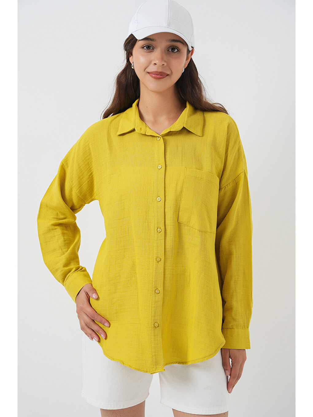 Sarı Kadın Tek Cepli Oversize Müslin Gömlek 20353 - Hardal-2