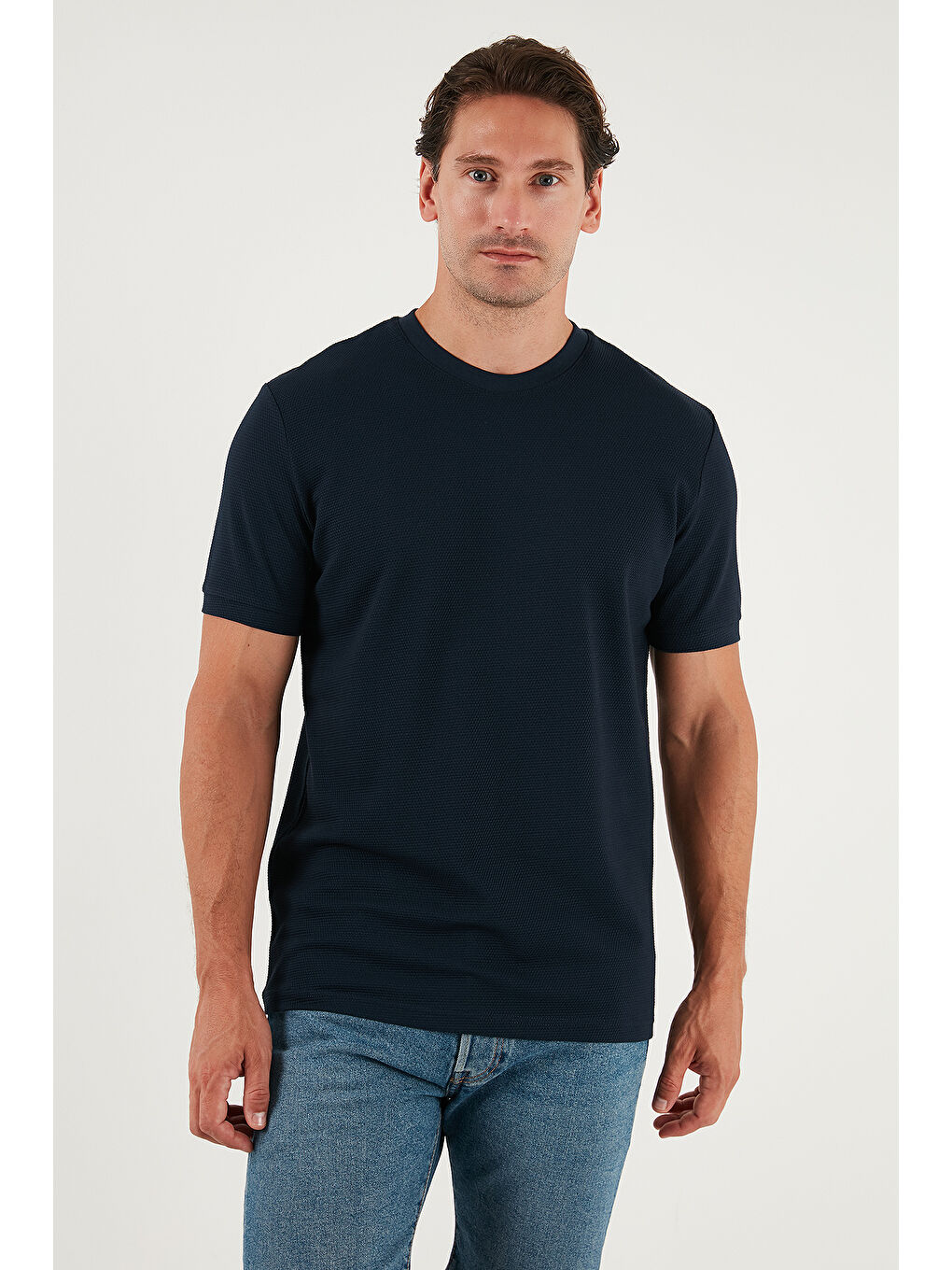 İndigo Streç Pamuklu Slim Fit Sıfır Yaka Tişört 5902639-3