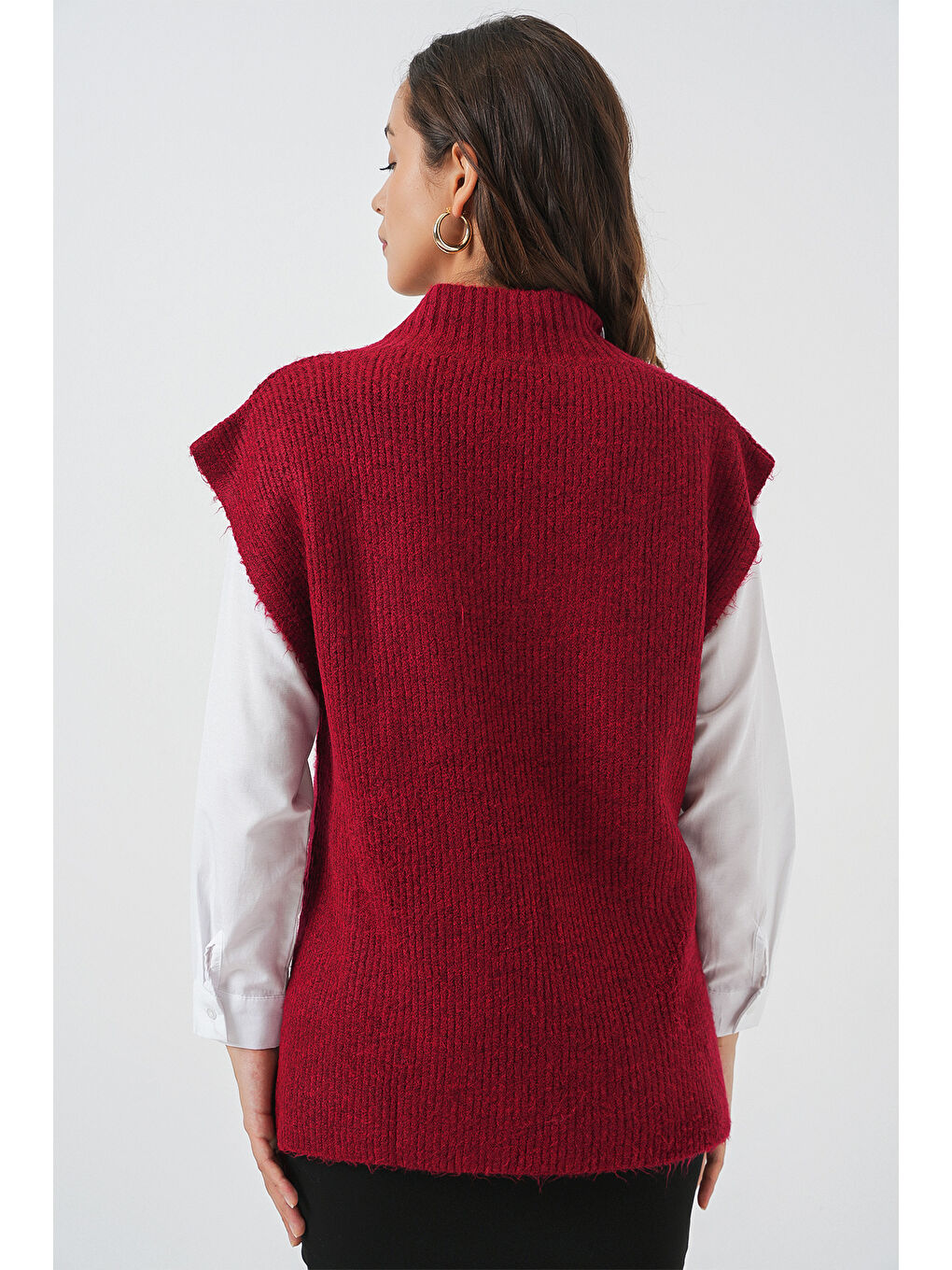 Kadın V Yaka Triko Süveter 15925 - Bordo-5