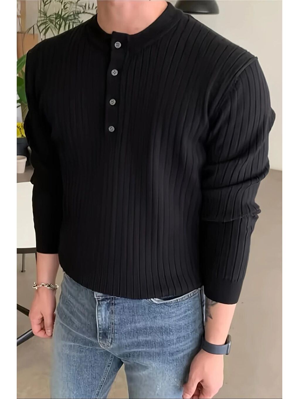 Siyah Memphis Slim Fit Düğmeli Henley Yaka Triko Kazak-1