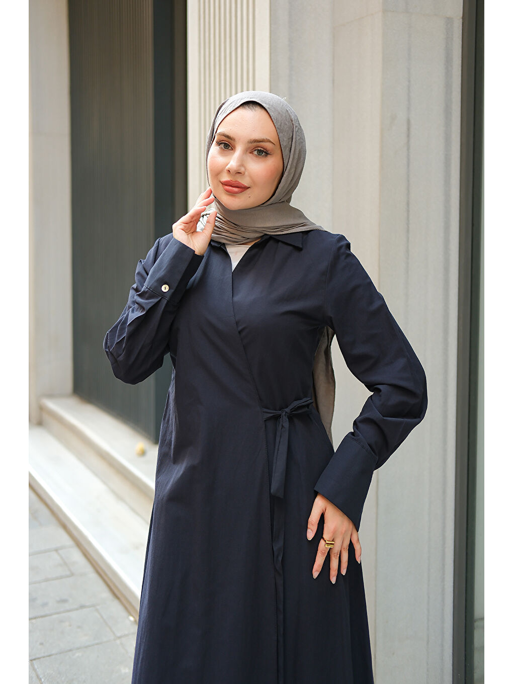 Kadın Poplin Yan Bağlamalı Elbise Koyu Lacivert-1