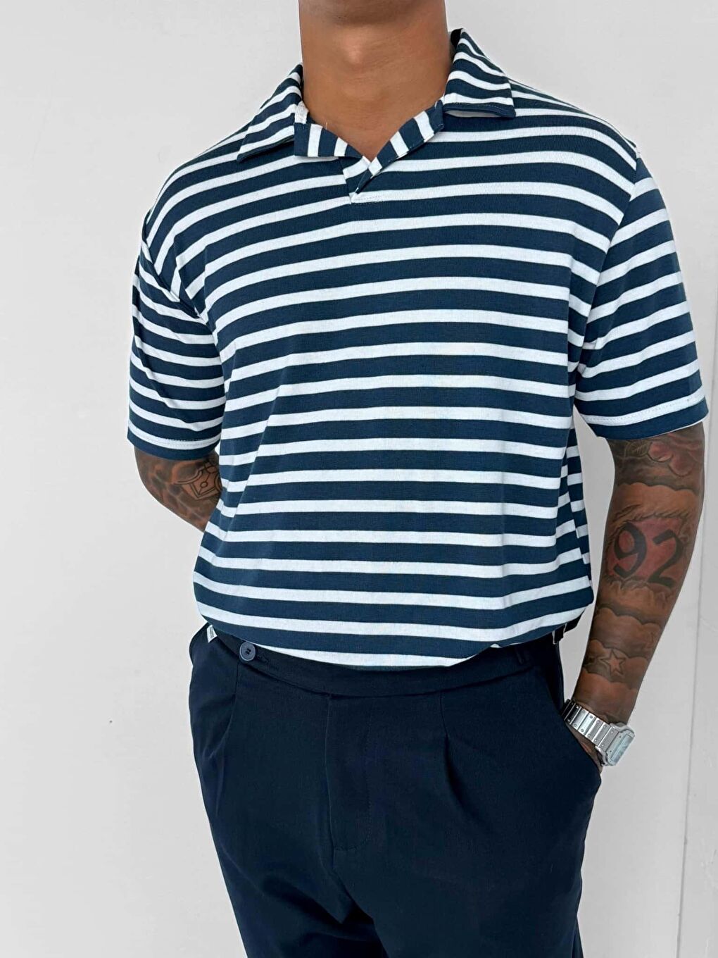 Erkek Polo Yaka Çizgili Rahat T-Shirt Mavi