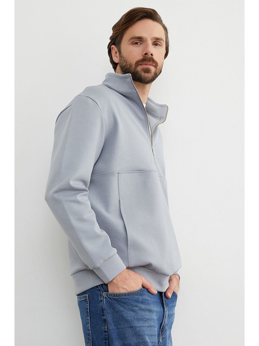 Gri Yarım Fermuarlı Dik Yaka Sweatshirt-2