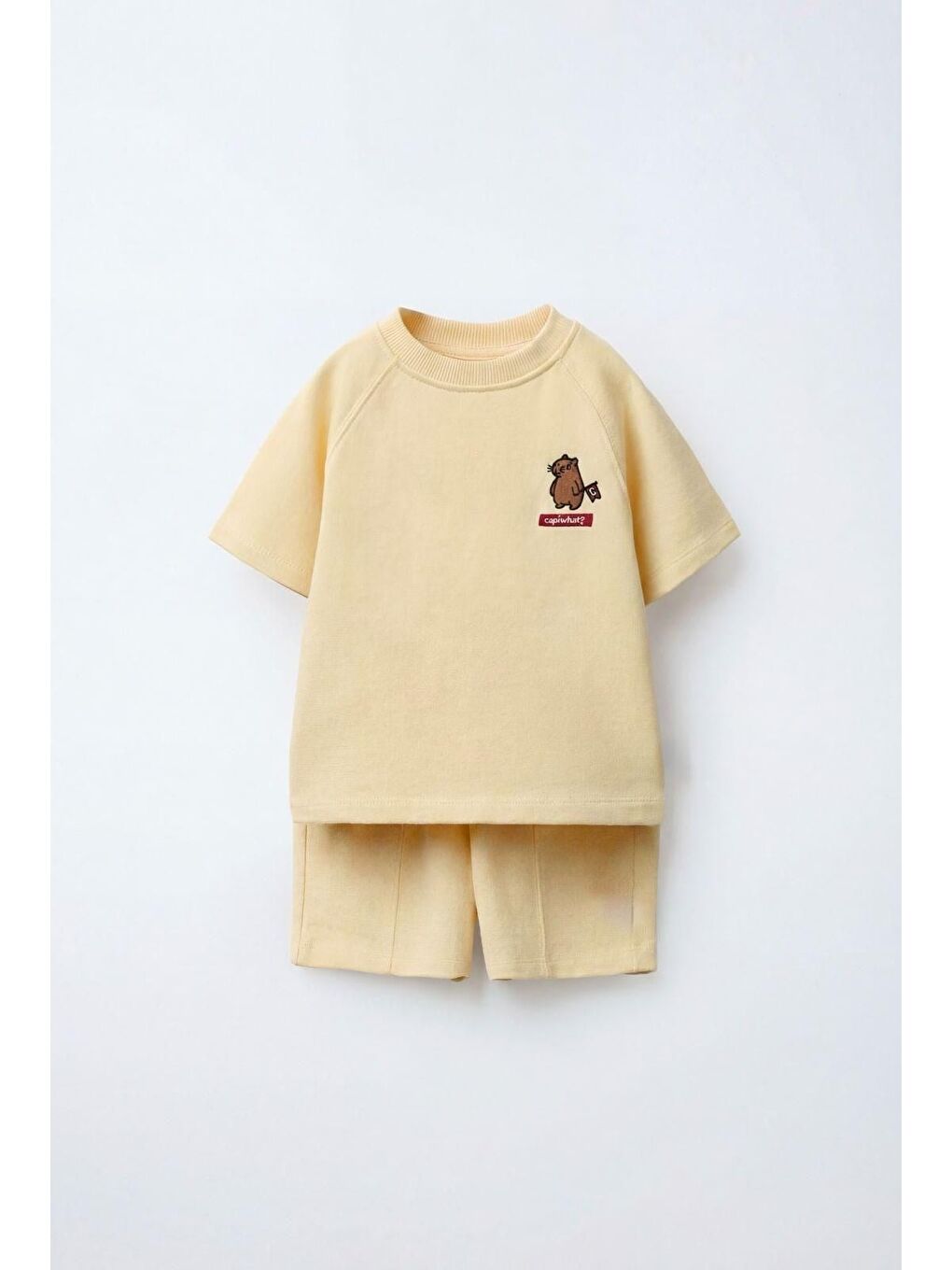 Unisex Çocuk Pamuklu Açık Sarı Nakışlı T-Shirt Şort Takım