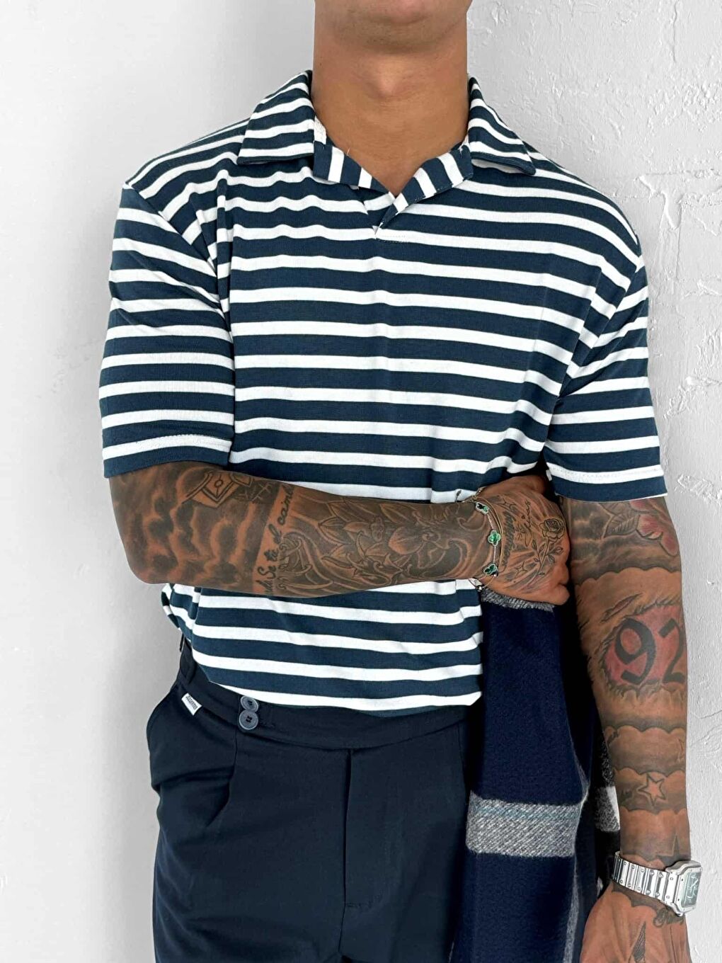 Erkek Polo Yaka Çizgili Rahat T-Shirt Mavi-1