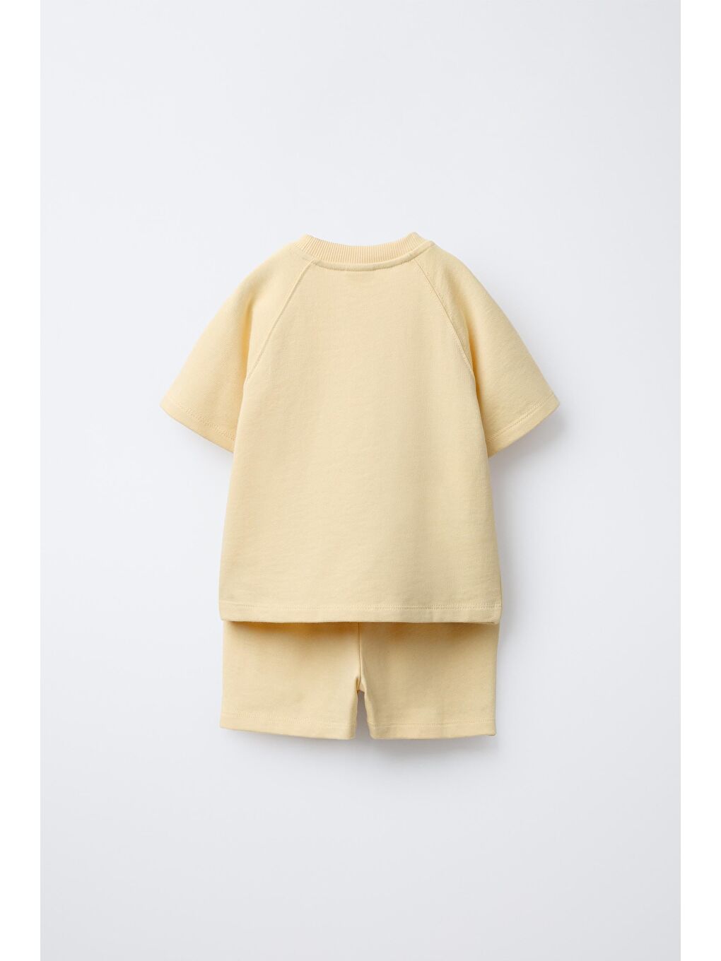 Unisex Çocuk Pamuklu Açık Sarı Nakışlı T-Shirt Şort Takım-1