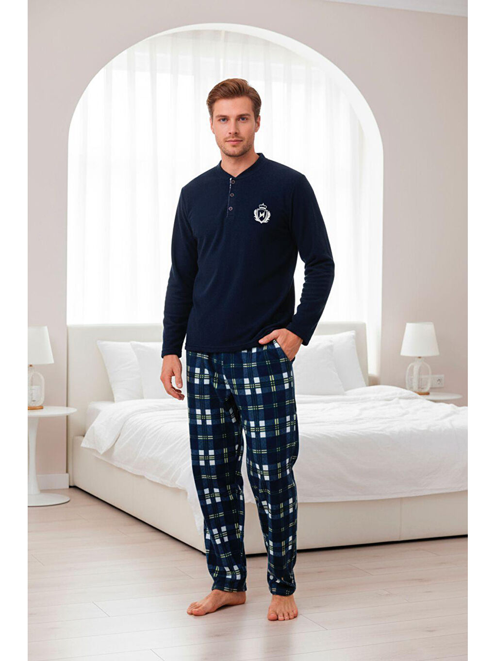 Lacivert Ekose Desenli Cepli Erkek Polar Pijama Takımı 660