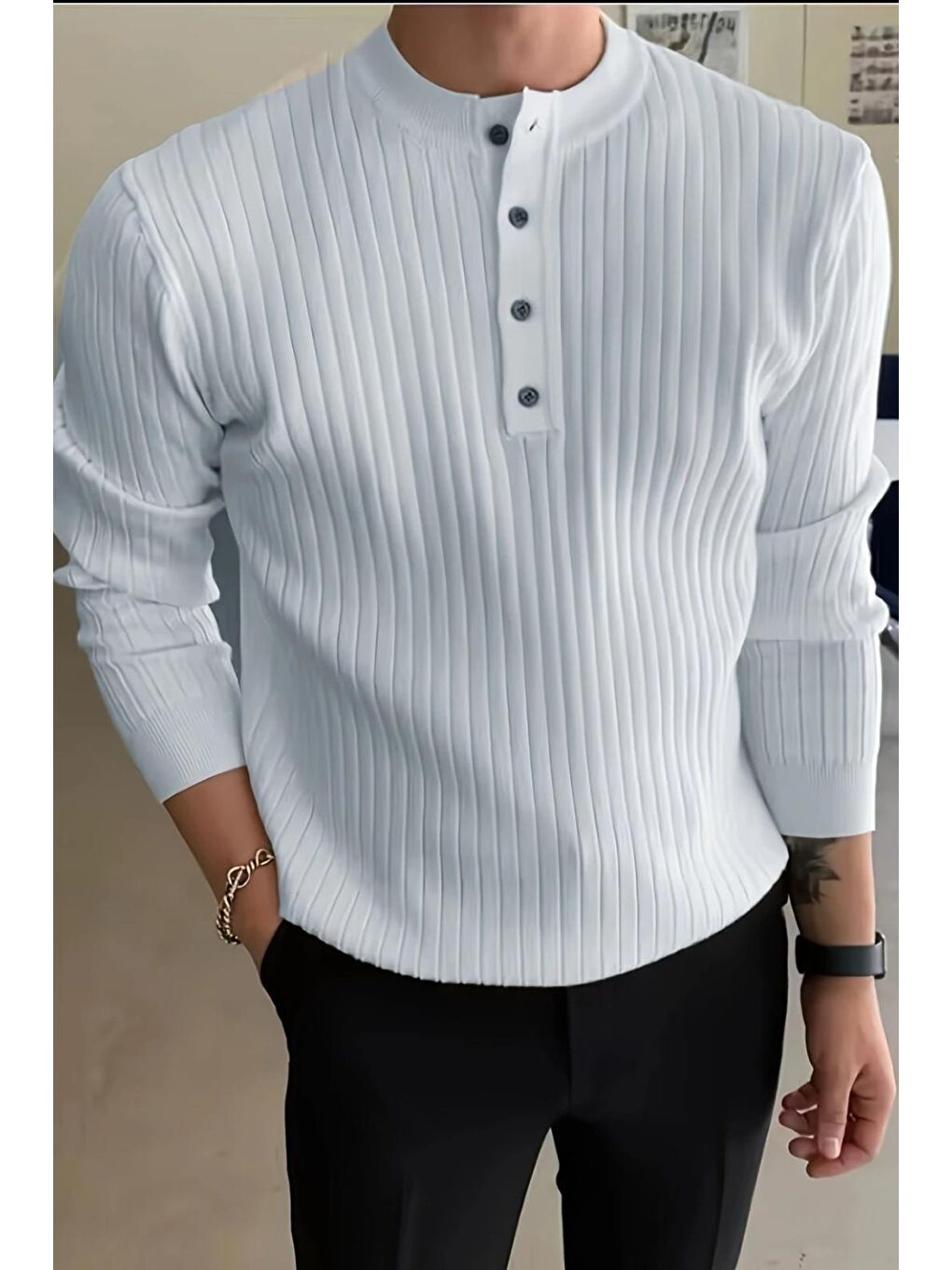 Beyaz Memphis Slim Fit Düğmeli Henley Yaka Triko Kazak