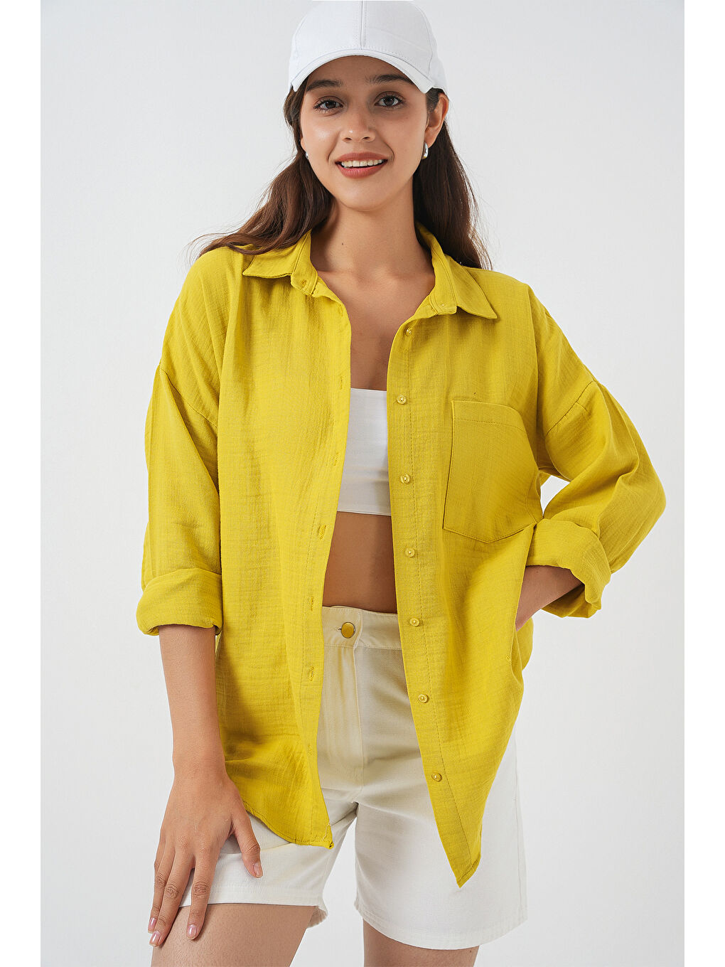 Sarı Kadın Tek Cepli Oversize Müslin Gömlek 20353 - Hardal-3