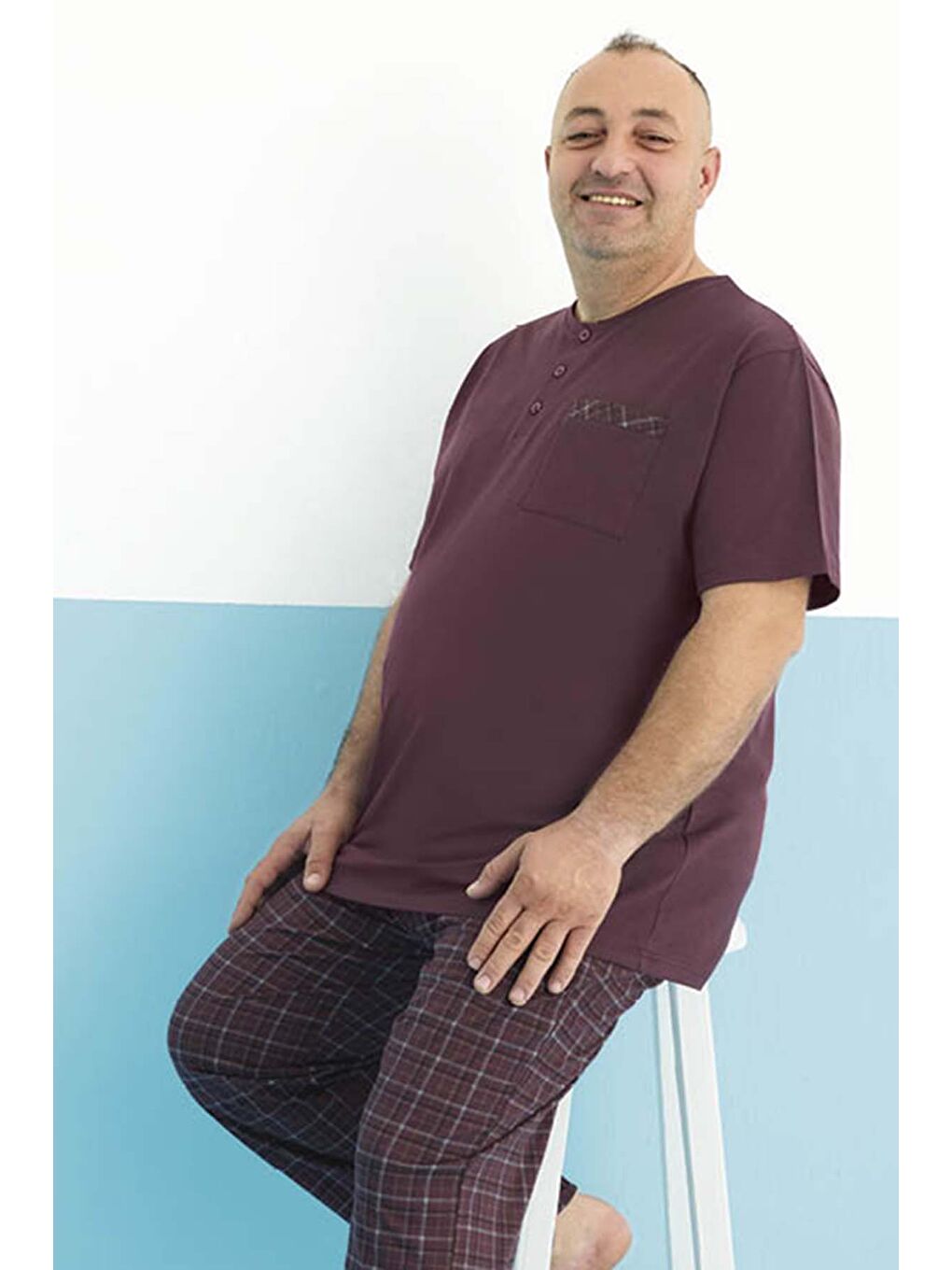 Büyük Beden Erkek Kısa Kol Süprem Pamuklu Pijama Takımı 250007 Bordo-3