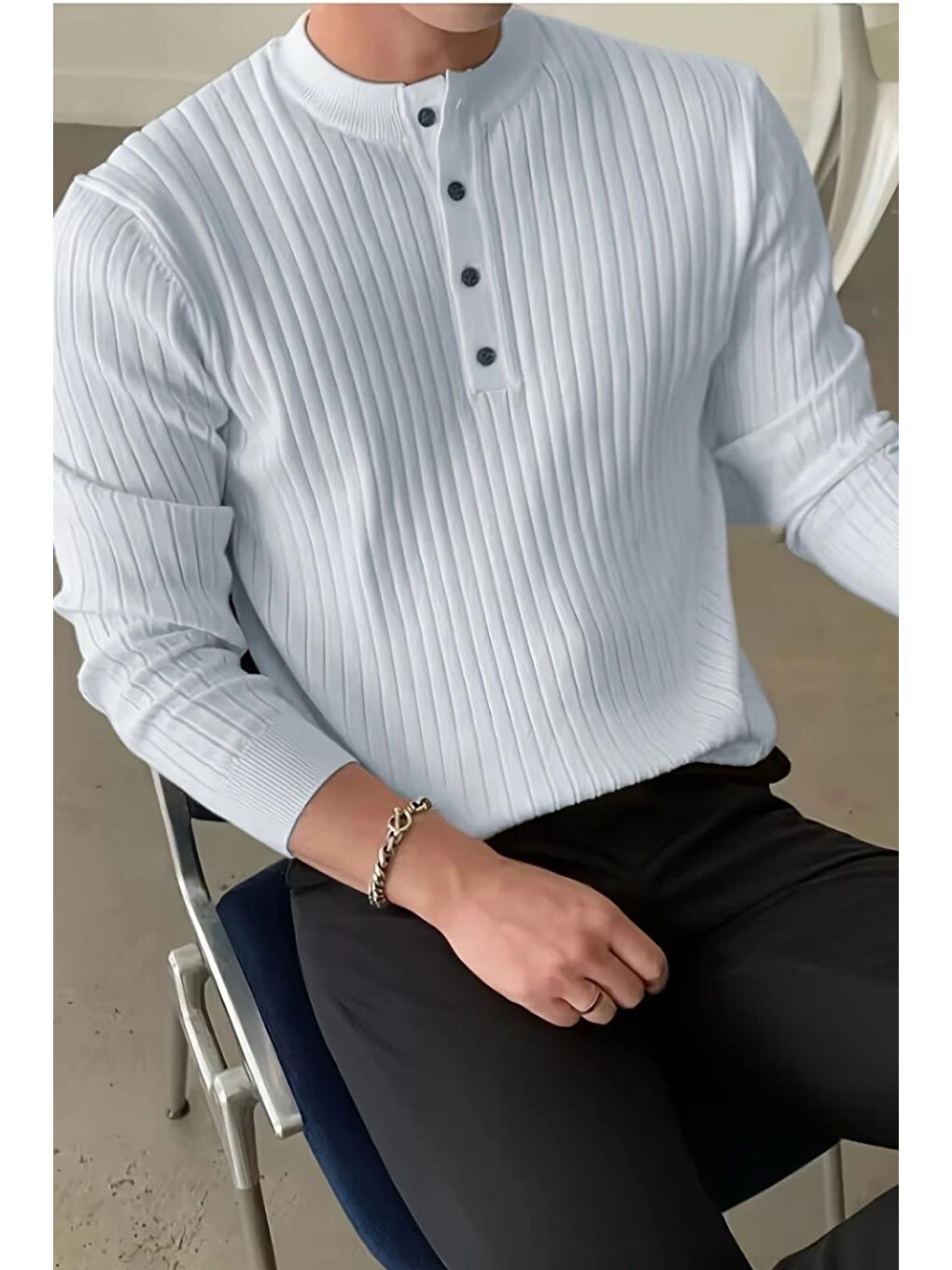 Beyaz Memphis Slim Fit Düğmeli Henley Yaka Triko Kazak-1