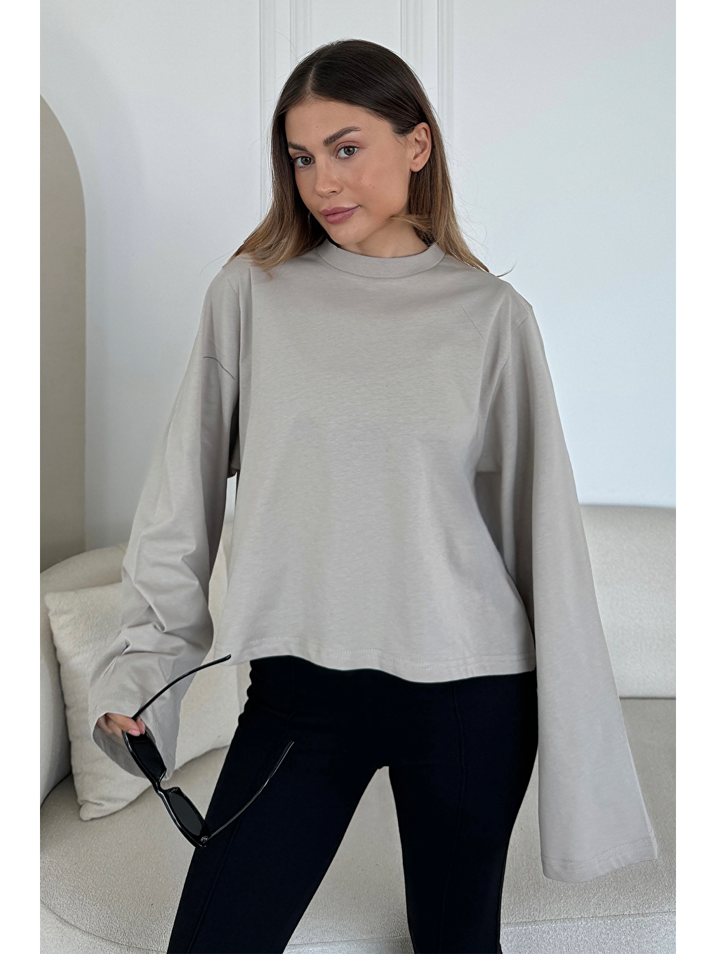 Geniş Kol Oversize 2'Li Paket T-Shirt 965 Gri/Bej-1